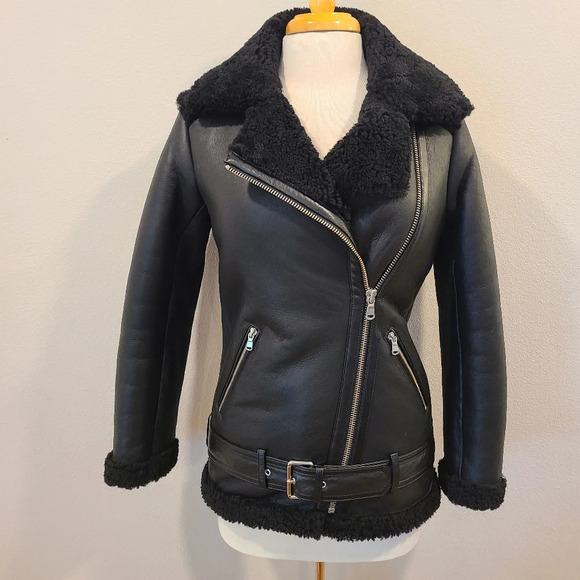 Maje Gombery Lamb Leather & Sheep Shearling Moto Jacket -NWT - Picture 2 of 10